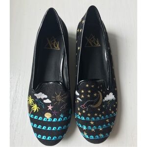 YRU Black Embroidered Flats with Blue and Gold Accents